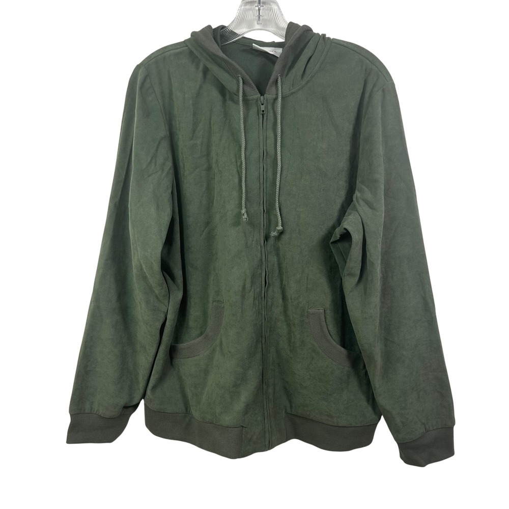 Denim & Co Olive Green Faux Suede Full Zip Hoodie Pockets Large